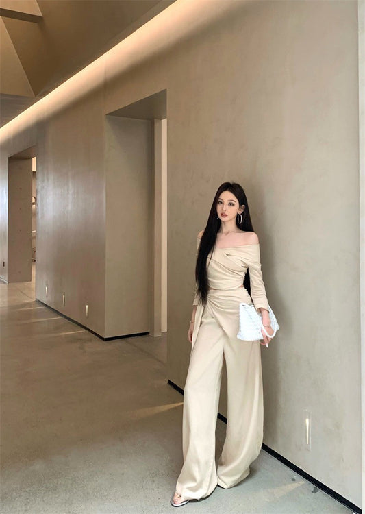 Jun. ER”高智菁英 時髦份子收腰綁帶休閒闊腿褲套裝 杏