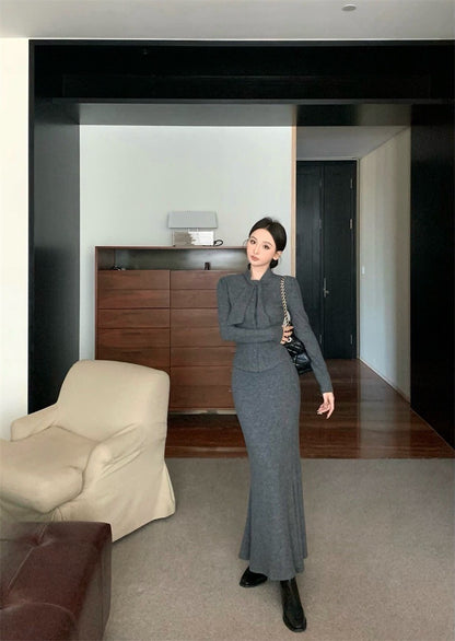 Feb. 氣質雅模 赫本領排扣針織外套半身裙套裝 灰