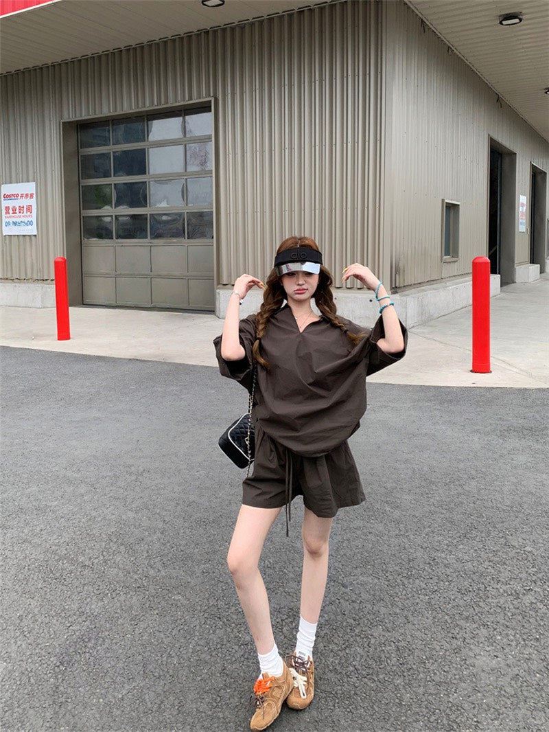 Jun. 街頭素描極簡淡人系列row襯衫上衣 短褲 咖色