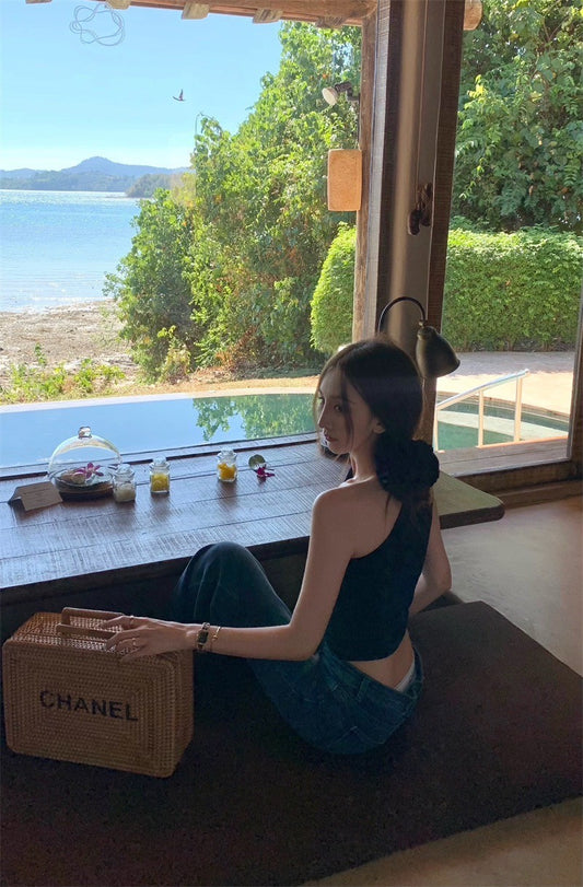 Apr. 新款版型 辣妹斜肩褶皺顯瘦上衣 黑