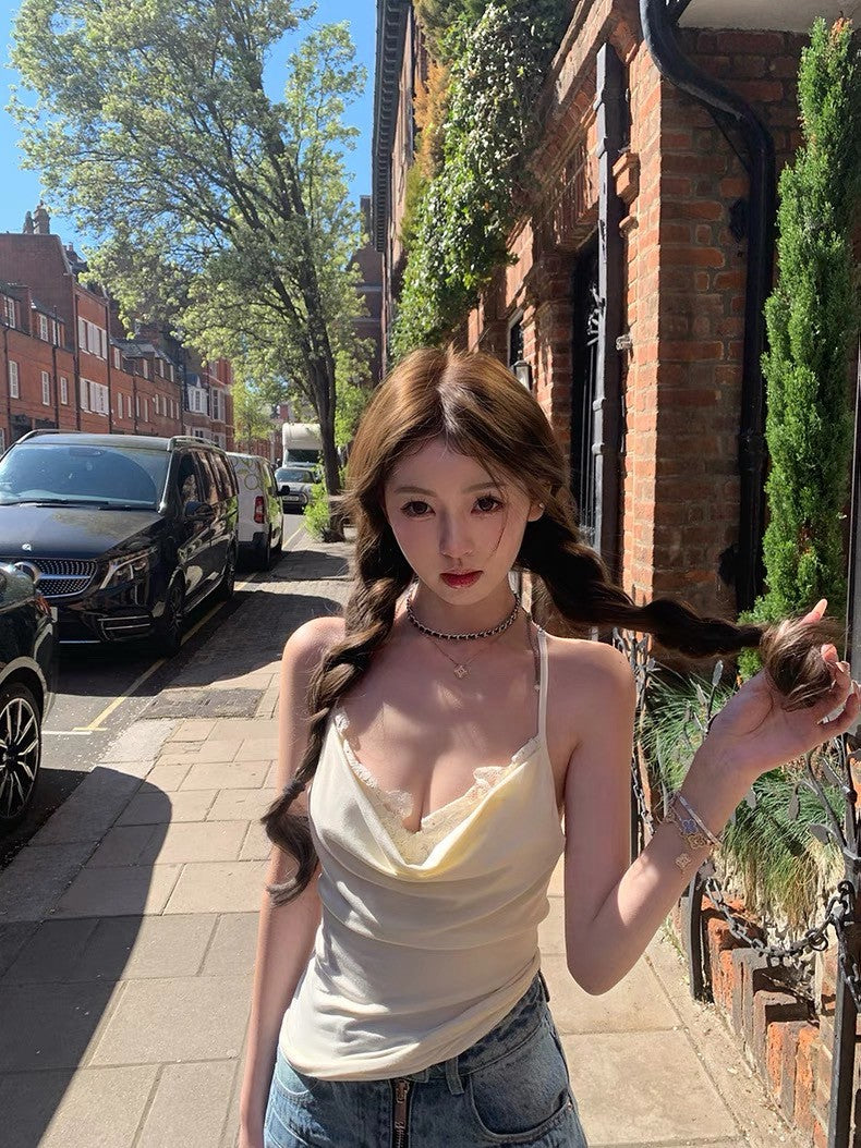 Jun. 美背突擊 雙層蘯領蕾絲露背背心 杏