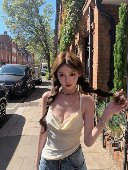 Jun. 美背突擊 雙層蘯領蕾絲露背背心 杏