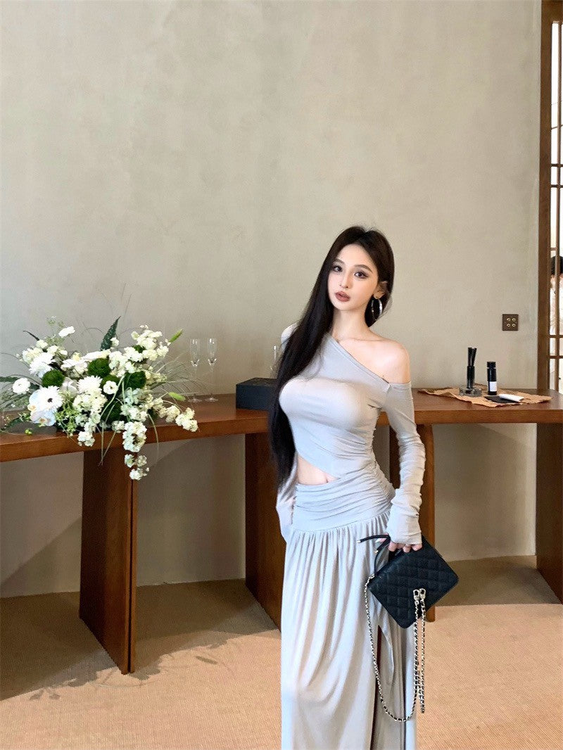 Jun. 戛納女神裙 氣質縷空抓皺開叉連身裙 杏