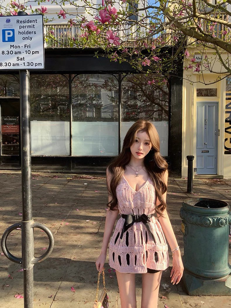 Jun. 重工25香奶奶粗針縷空背心針織上衣 粉