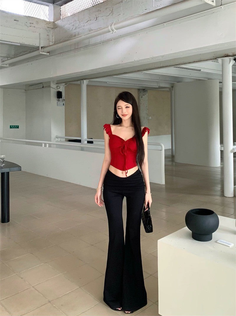 Jun. 日系純欲抽繩顯瘦上衣 藍/紅 黑色高腰休閒褲