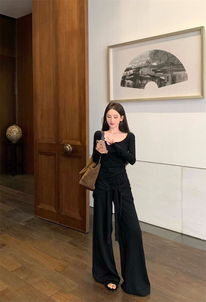 May. Lu系紙片系列 大U領上衣假兩件式綁帶休閒褲套裝 黑