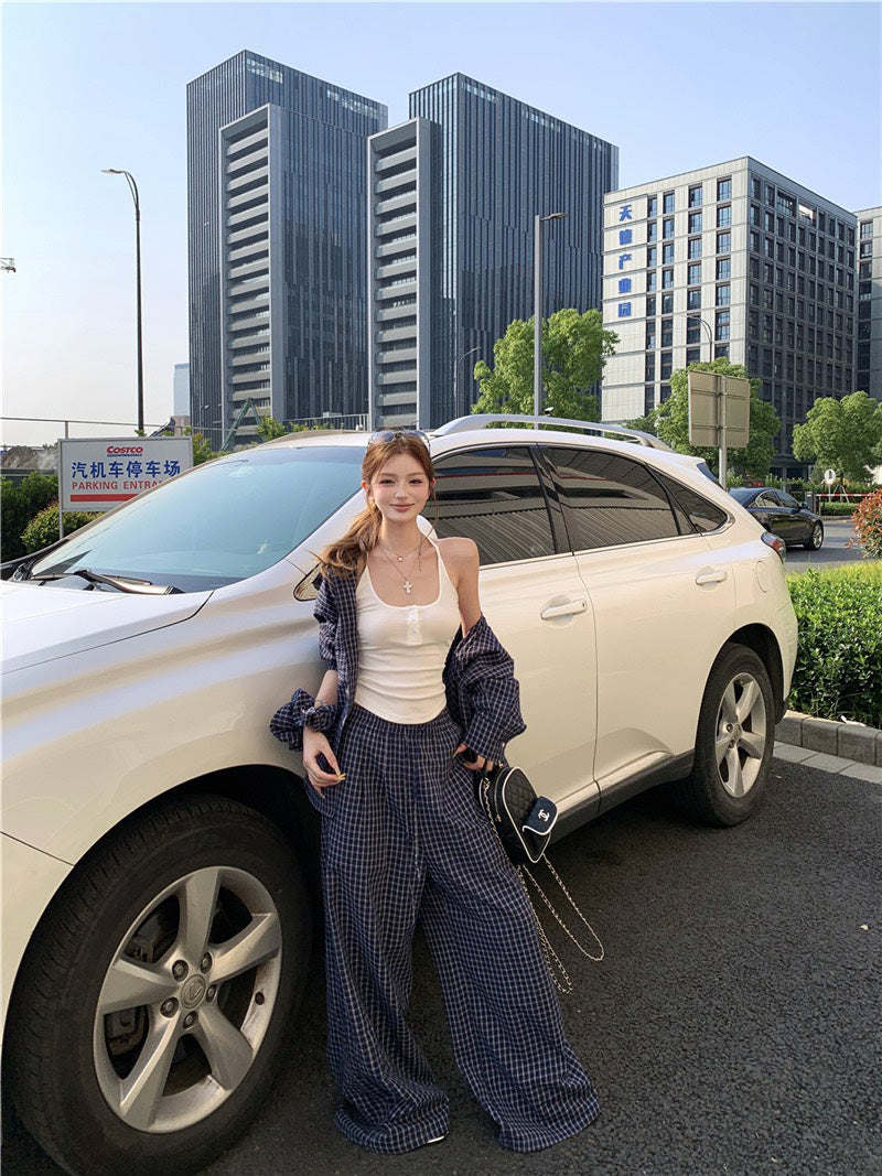 Jun. 奶藍泡芙休閒輕氧格紋襯衫 同花紋休閒褲 深藍格紋