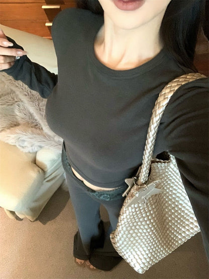 Mar. 簡約高級感 圓領修身高腰休閒褲套裝 灰