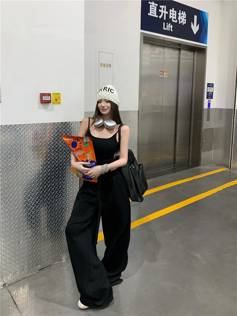 Jun. 歐美辣妹top高腰連體背心 鬆緊休閒褲 黑