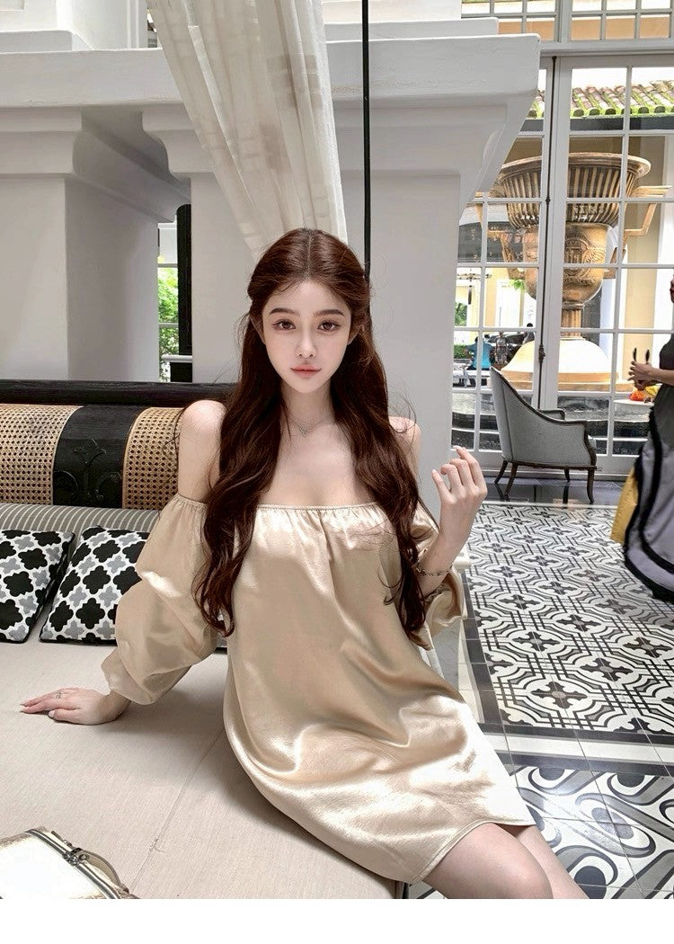 25Aug. 鎏金缎 水波紋高雅兩穿一字領連身裙