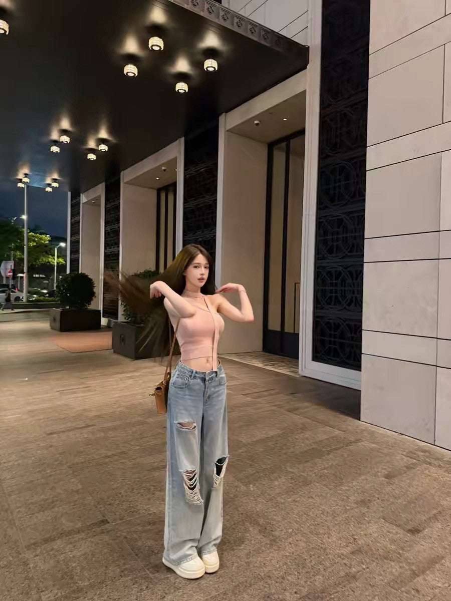 26Jul. 雅痞不規則刷破淺藍高腰闊腿褲