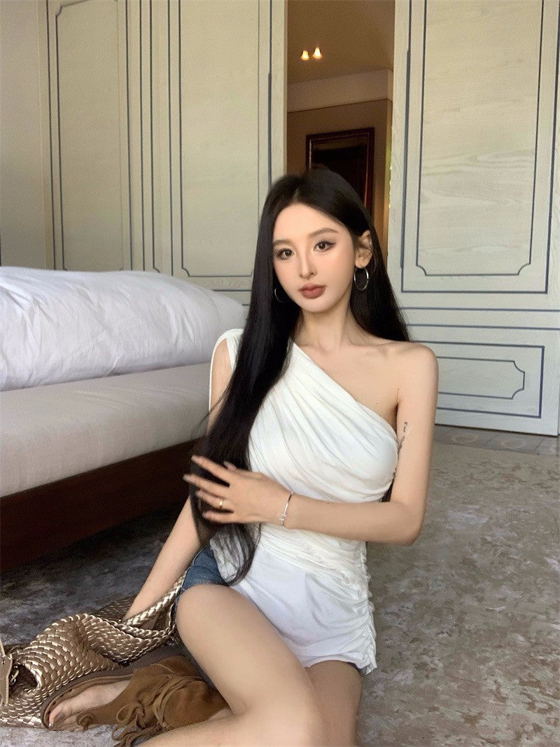 Apr. 法式褶皺單肩RO風辣妹上衣 米白