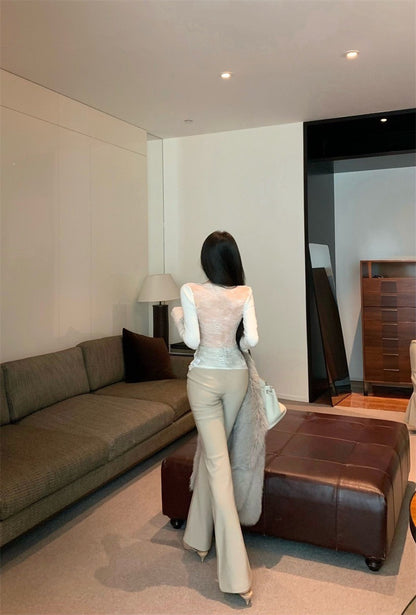 Jan. 辣妹性感露背蕾絲U領上衣 米白