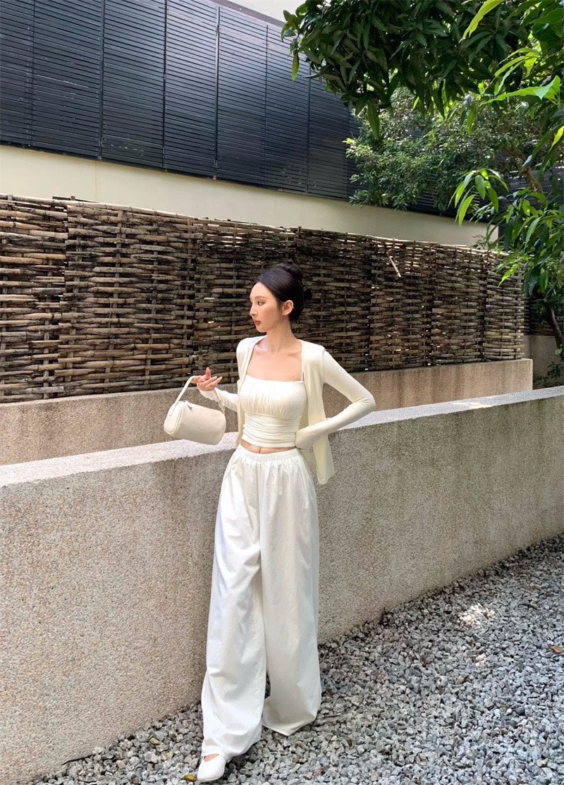 25Nov. 法式純欲感褶皺背心開衫2件組 休閒闊腿褲 米白色系