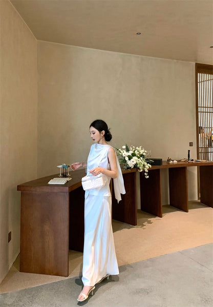 Jun. 羅馬Intellectual新法式緞感飄帶背心半身裙套裝 白杏