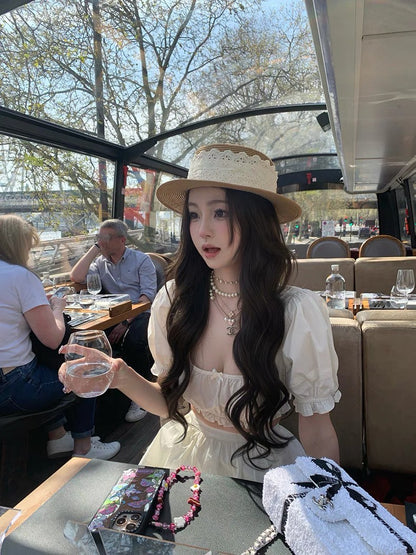 Jun. 夏日綿綿冰 浪漫甜美U領泡泡上衣半裙套裝 白