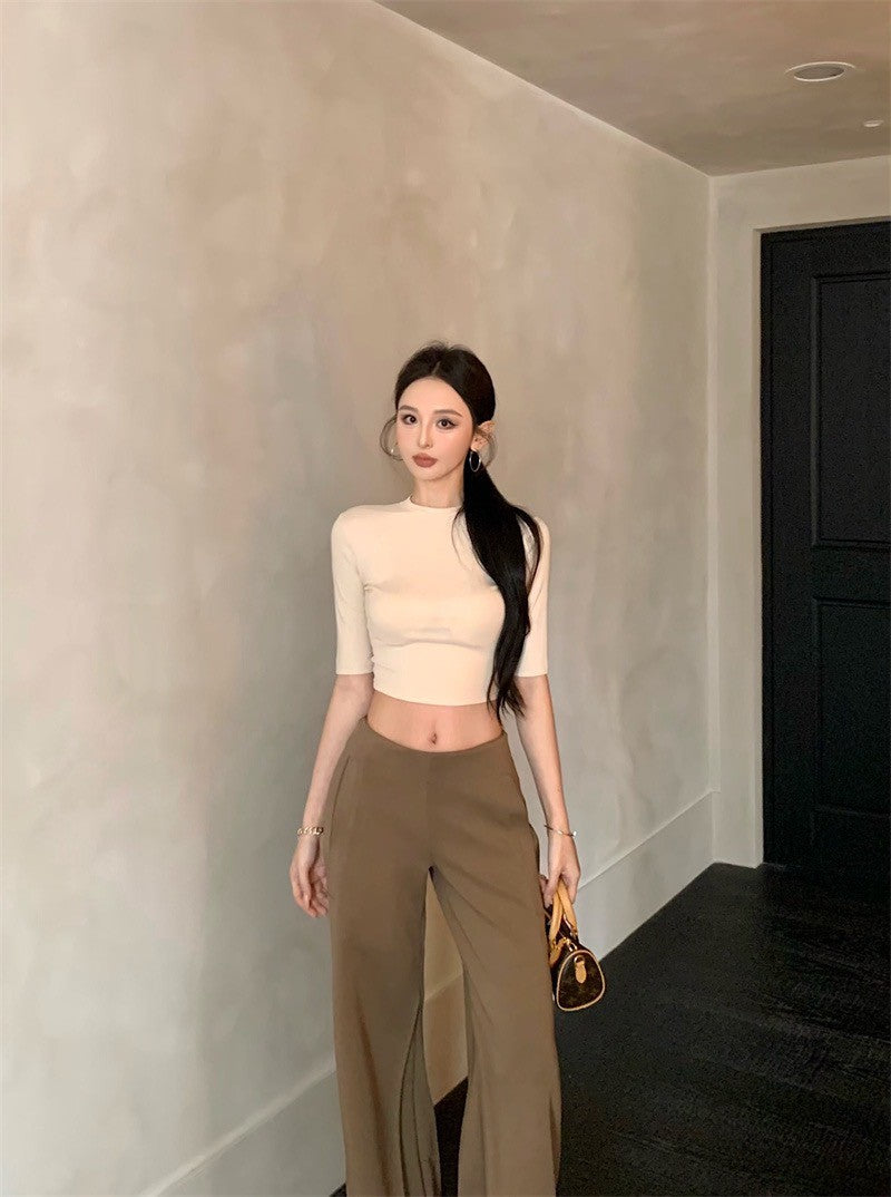 May. 極簡office siren高智修身五分袖上衣  設計款中低腰休閒褲 杏
