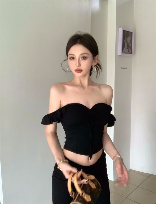 Jun. 日系純欲抽繩顯瘦上衣 高腰休閒褲 黑