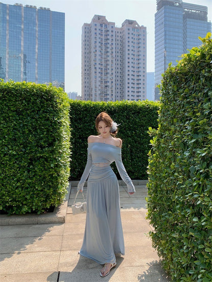 Mar. 香軟Crush 設計感一字領魚骨縷空上衣 褶皺飄逸半身裙 白/淡藍