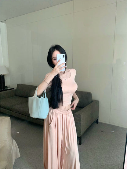 Jun. 溫柔小姊姊U領顯瘦鬆緊垂墜休閒褲套裝 肉粉色