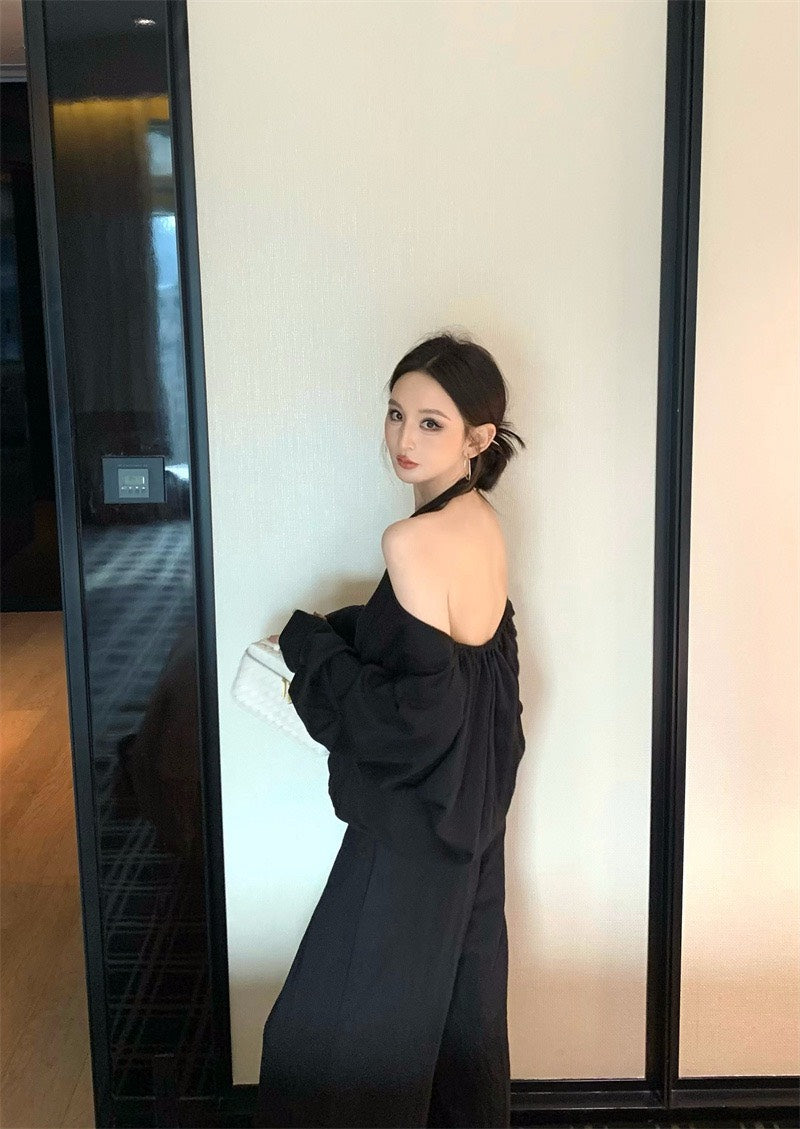 25Nov. 鏡頭焦點復古露肩掛脖交錯上衣休閒褲套裝 黑