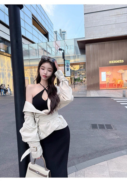 25Oct. 氣質美人 斗篷披風性感針織連身裙套裝 黑