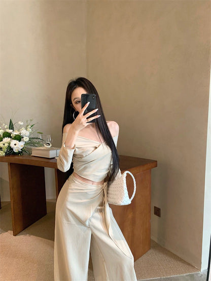 Jun. ER”高智菁英 時髦份子收腰綁帶休閒闊腿褲套裝 杏