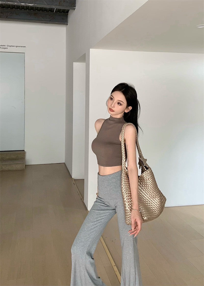 May. 雜誌編輯 美式慵懶背心開衫2件套 卡其 高腰顯瘦休閒褲 灰