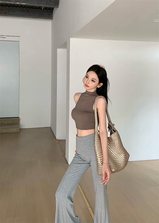 May. 雜誌編輯 美式慵懶背心開衫2件套 卡其 高腰顯瘦休閒褲 灰