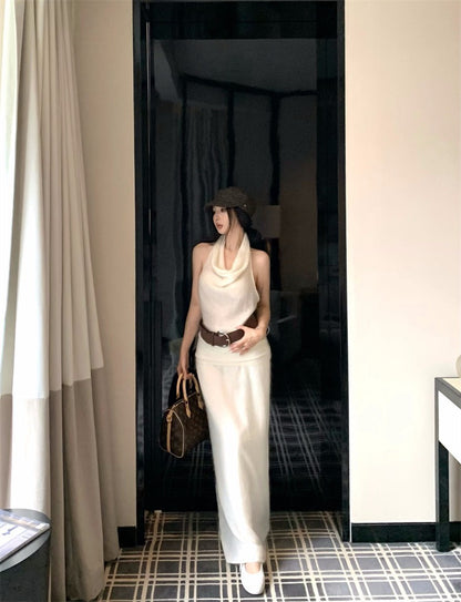 25Nov. 氣質出眾兩穿蘯領挖背針織半身裙套裝 白杏