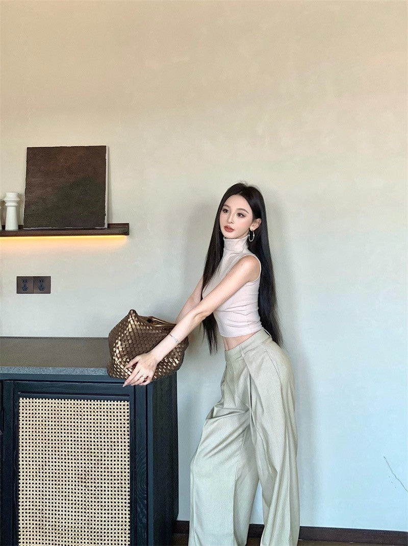 May. 個性簡約半高領純色背心 新款西裝休閒長褲 杏