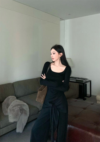 May. Lu系紙片系列 大U領上衣假兩件式綁帶休閒褲套裝 黑