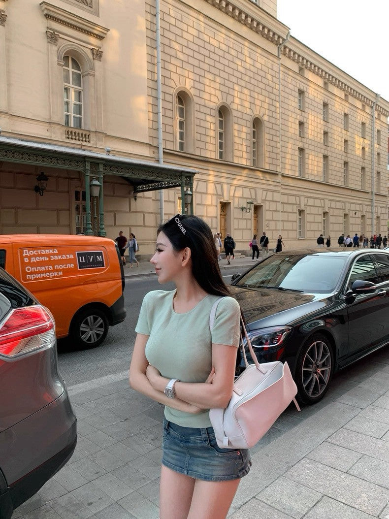 25Aug. arman*俐落圓領正肩針織上衣 豆沙粉/薄荷綠