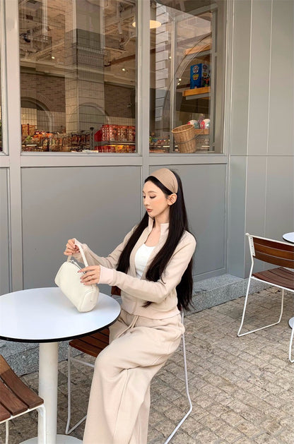 26Jan. 休閒運動華夫格立領外套休閒褲套裝 藏青/杏