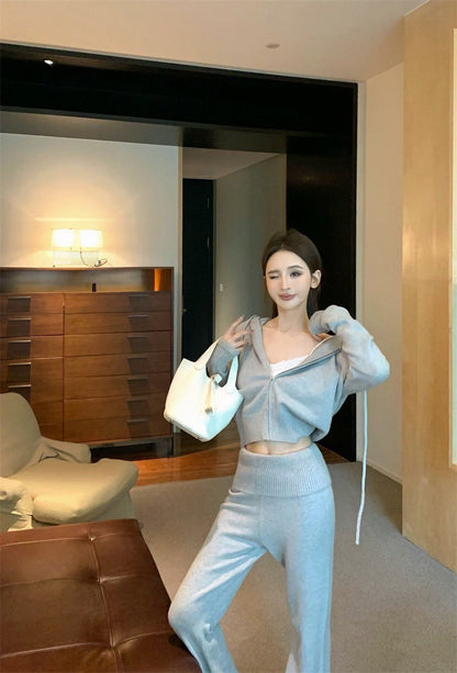 Mar. 飛航模式 基礎純色連帽針織休閒褲套裝 灰