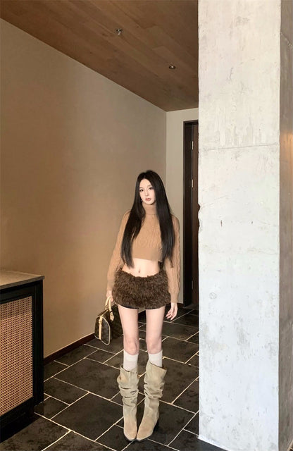 26Jan.精緻姐姐兩穿高彈麻花針織上衣 辣妹毛毛褲裙 咖