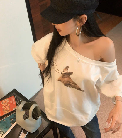 Jun. 哈嚕柯基修勾慵懶斜肩寬鬆上衣 白