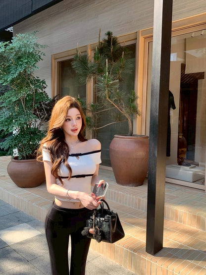 25Aug. 手稿作業UK-girl一字領撞色休閒褲套裝 白黑