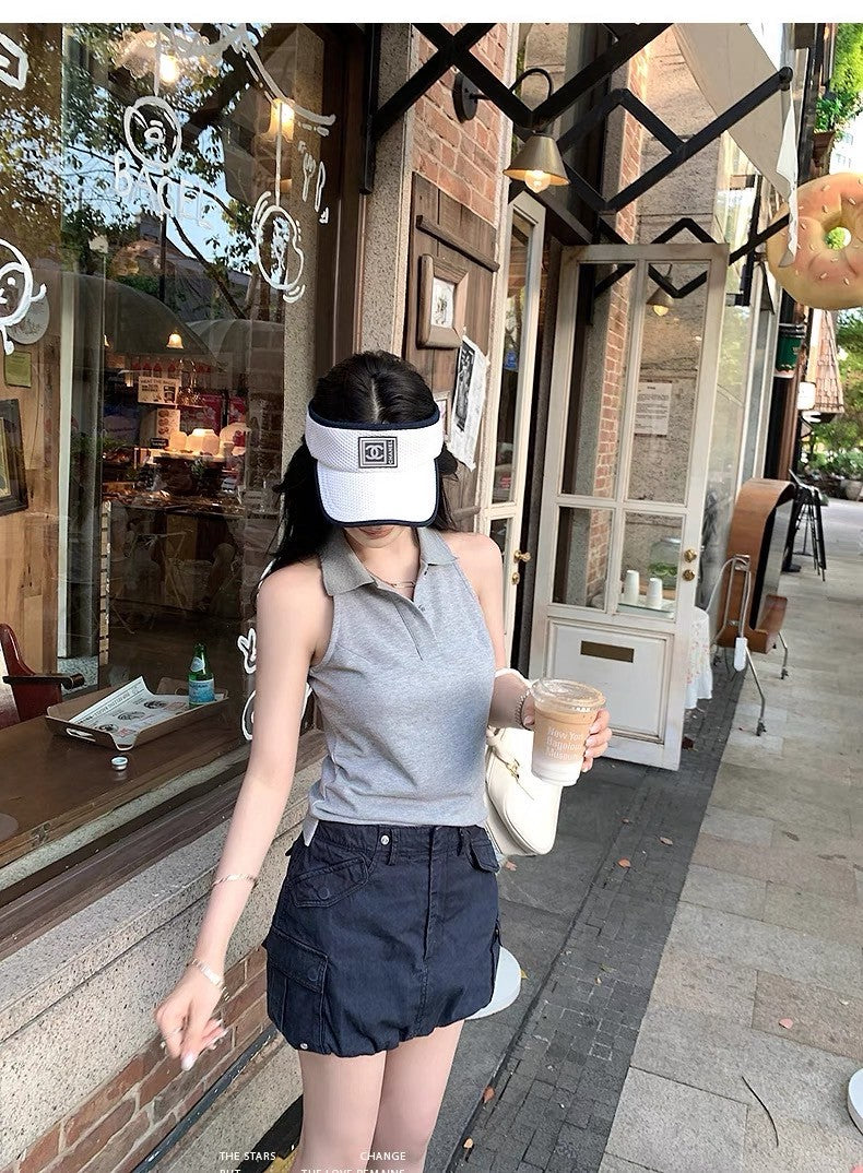 Jun. 大膽穿韓系學院polo領好版型無袖鈕扣背心 白/灰