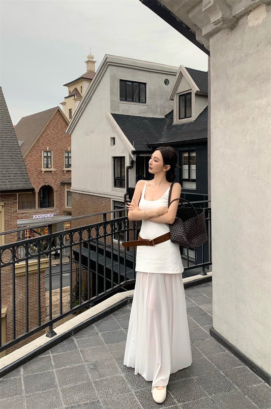 May. 安妮日記 氣質U領網紗拼接連身裙 白