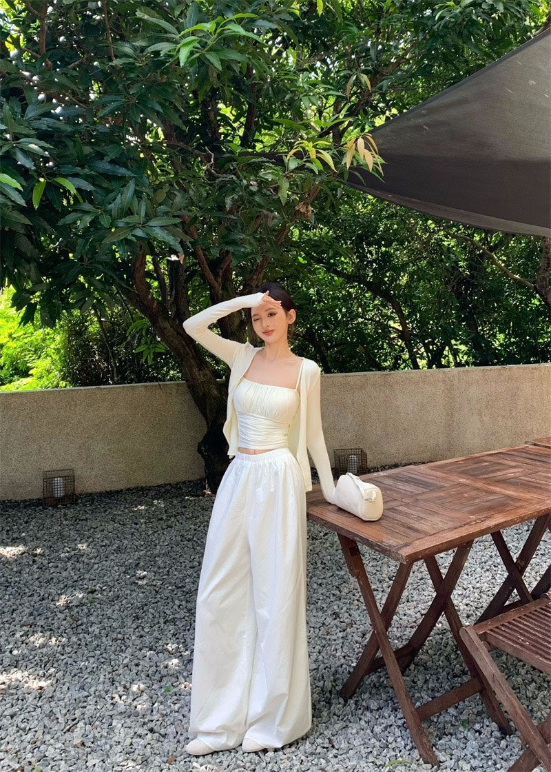 25Nov. 法式純欲感褶皺背心開衫2件組 休閒闊腿褲 米白色系
