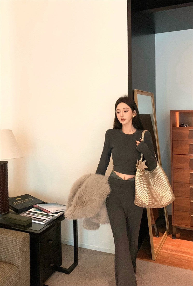 Mar. 簡約高級感 圓領修身高腰休閒褲套裝 灰