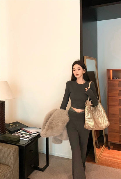 Mar. 簡約高級感 圓領修身高腰休閒褲套裝 灰