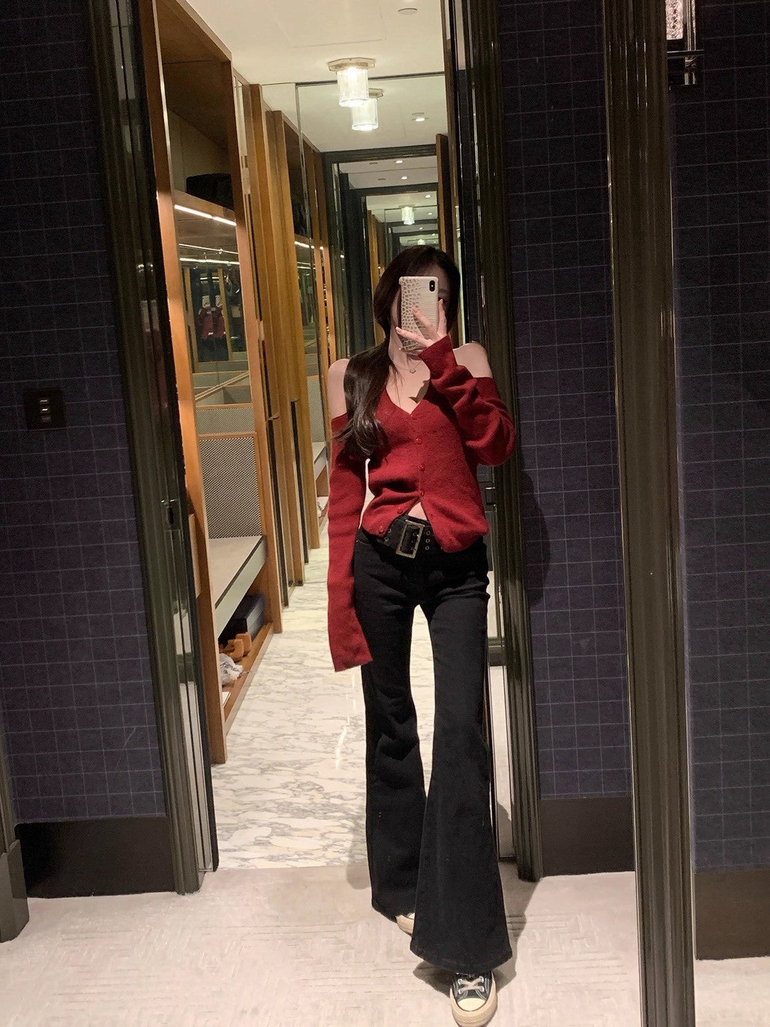 26Apr. 復古摩登 高腰薄絨美腿喇叭褲 咖/黑