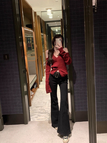 26Apr. 復古摩登 高腰薄絨美腿喇叭褲 咖/黑