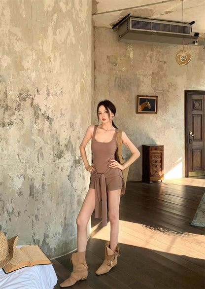 26Apr. 歐美辣妹 彈力背心連體褲套裝 卡其