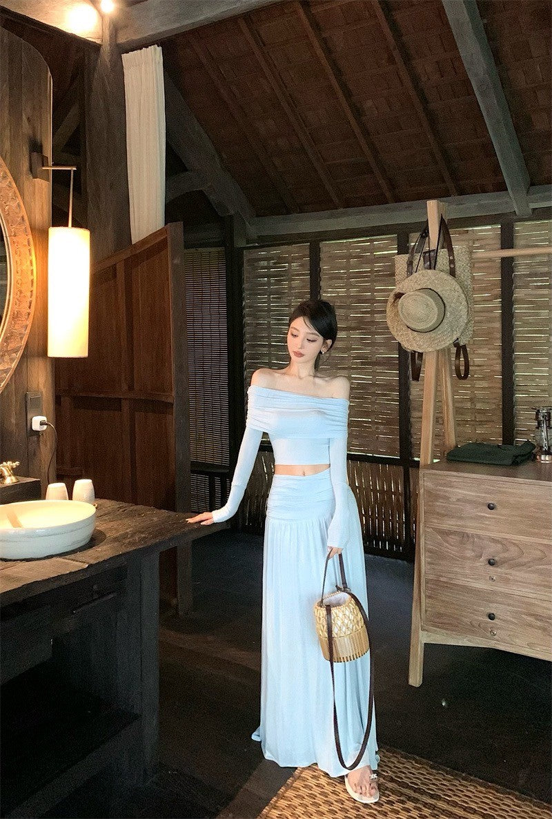 Apr. 法式浪漫 氣質一字翻領高腰抓皺半身裙套裝 淺藍