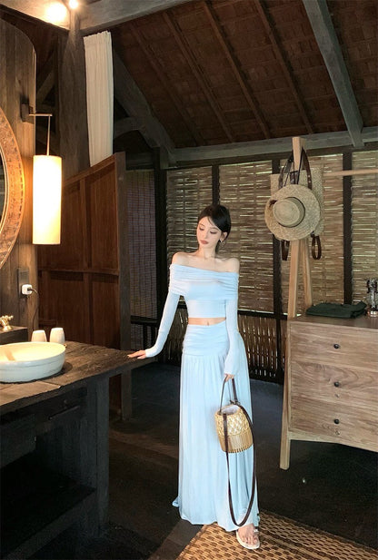 Apr. 法式浪漫 氣質一字翻領高腰抓皺半身裙套裝 淺藍