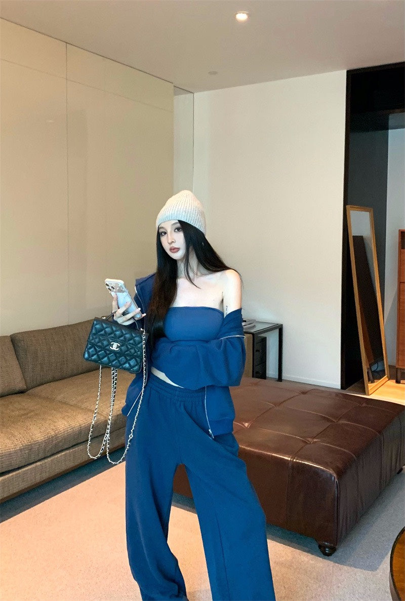 25Nov. 美式隨性純色連帽衛衣休閒褲套裝 布魯藍