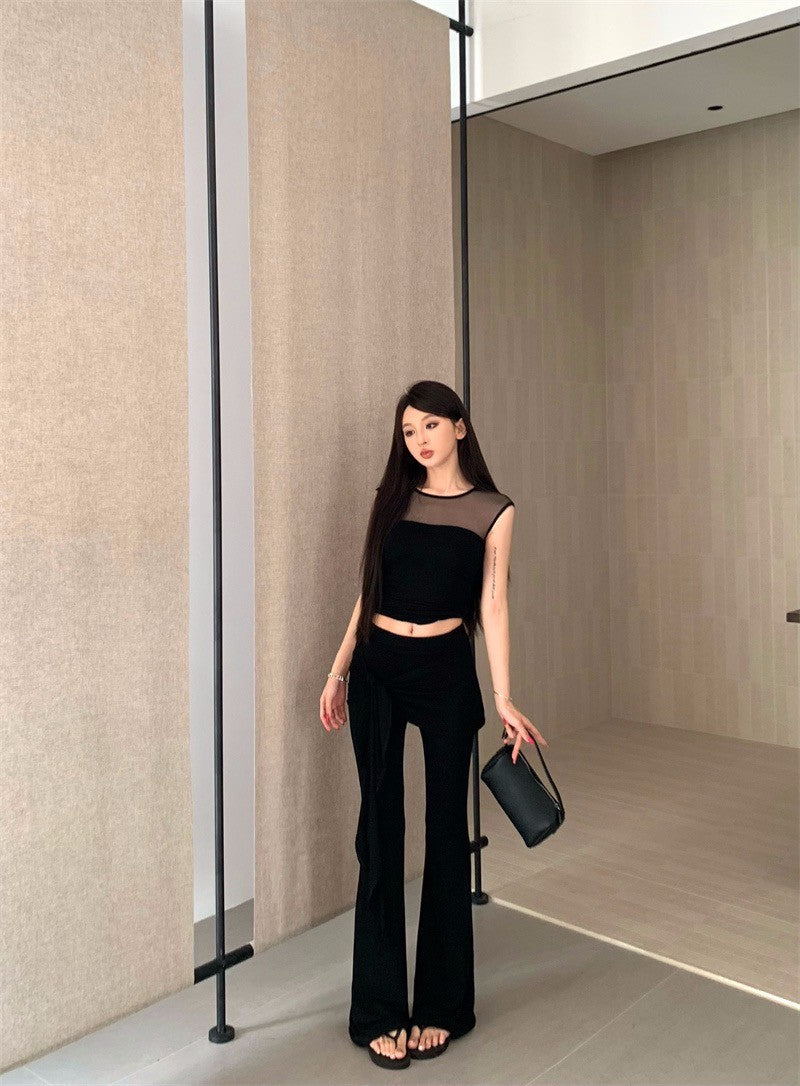 25Aug. 古典視覺網紗拼接上衣綁帶休閒褲套裝 黑色